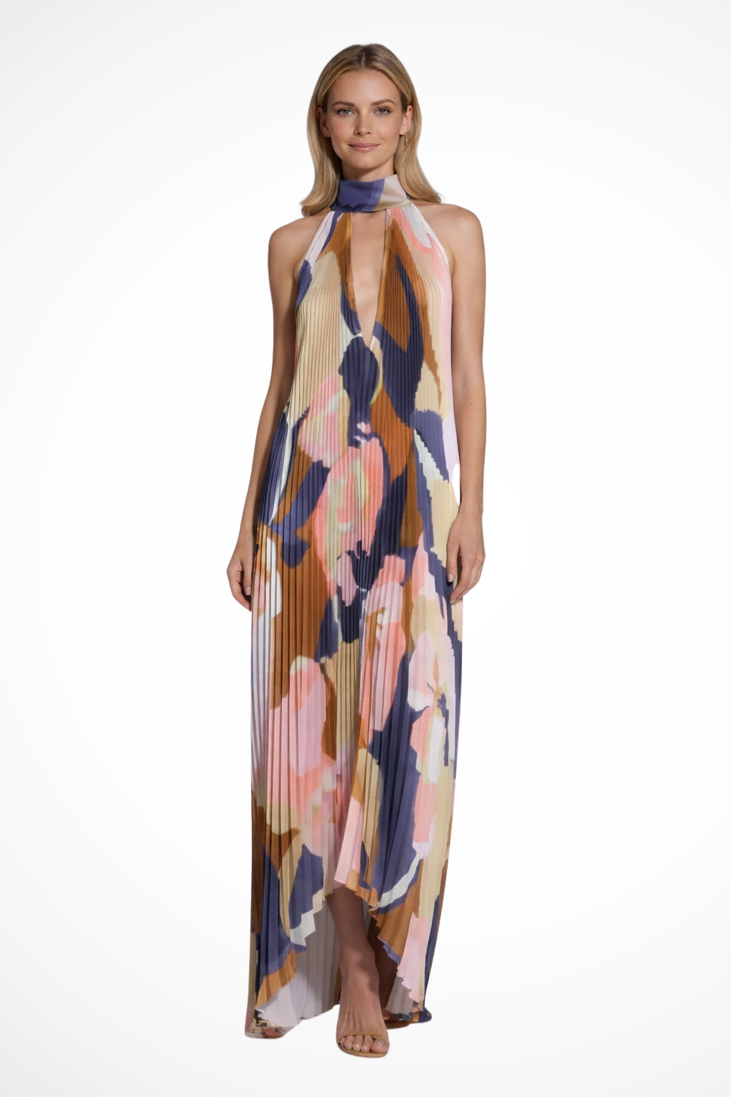 Cordelia – Vestido Maxi Halter Plisado Estampado para Boda