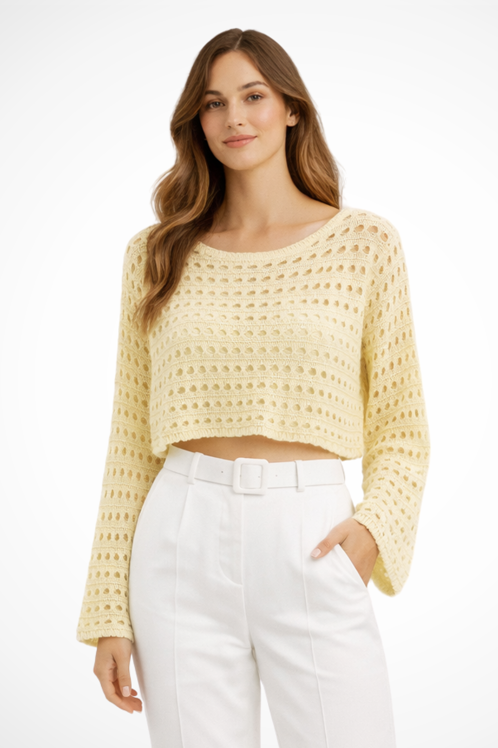 Lunara – Top Cropped de Crochet con Manga Larga