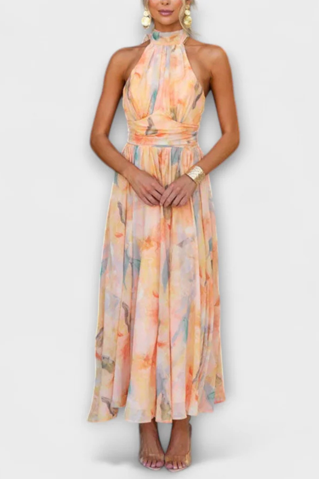 Isolde – Vestido Maxi Halter con Estampado Abstracto