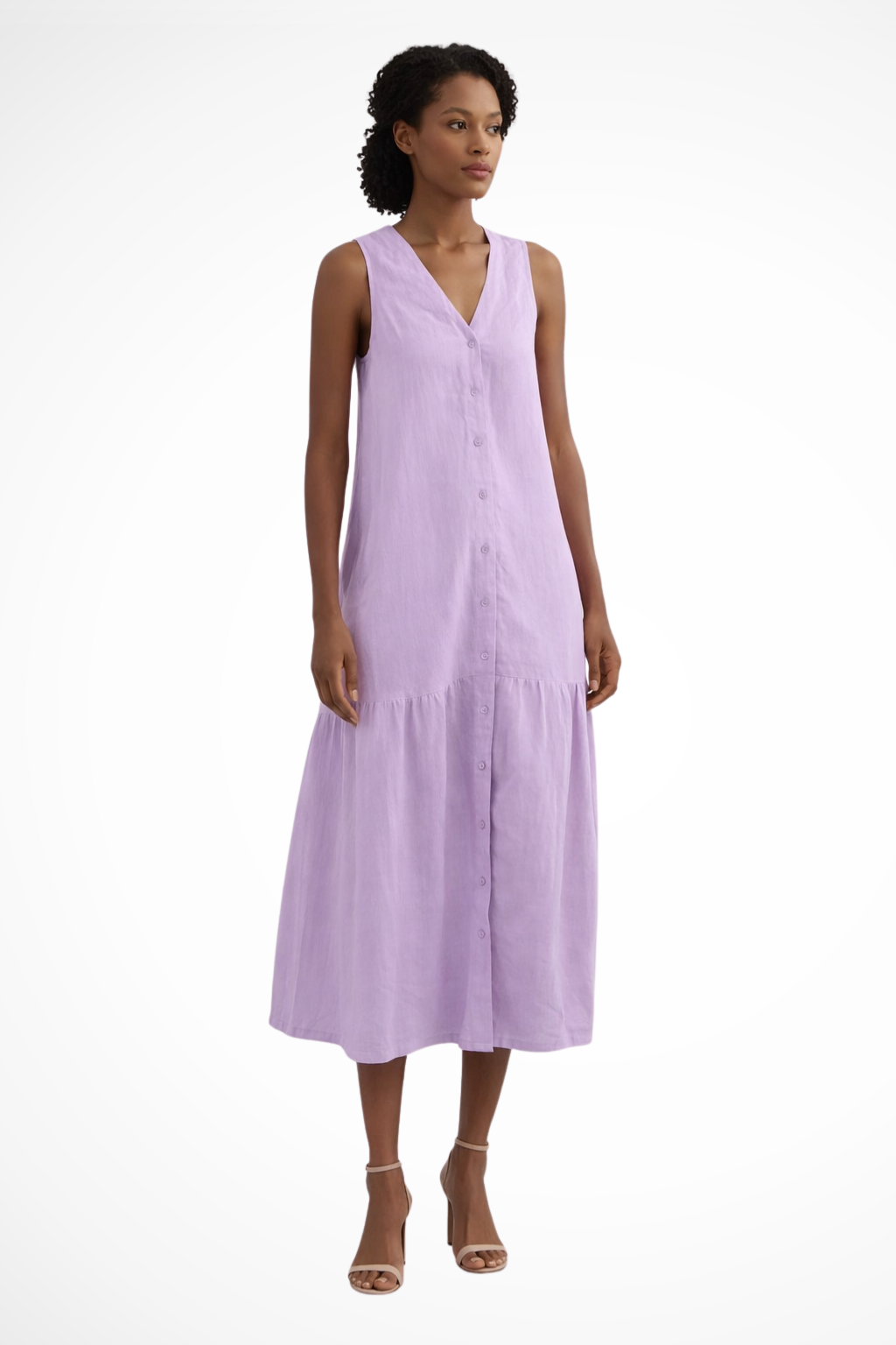 Willa – Vestido Maxi de Lino sin Mangas con Botones y Escote en V