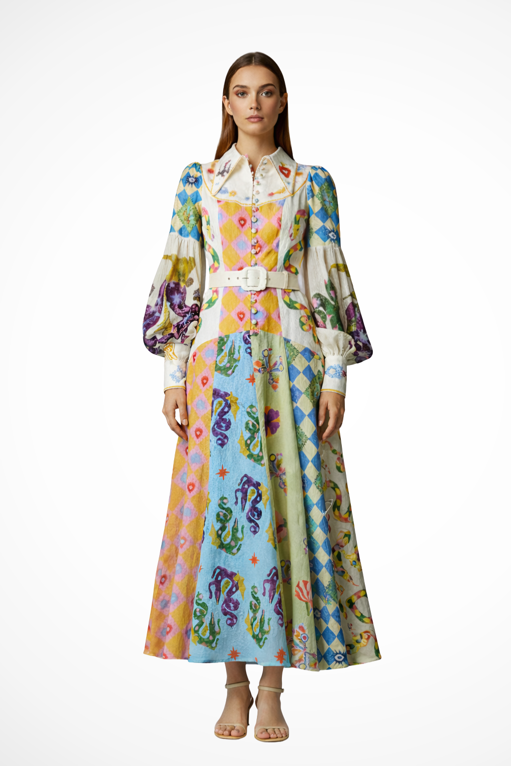 Thea – Vestido Maxi Estampado en Capas con Manga Larga