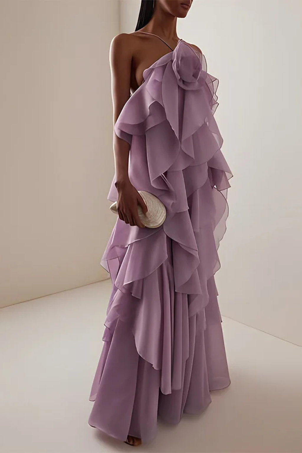 Vivienne – Vestido Maxi Halter con Volantes en Capas
