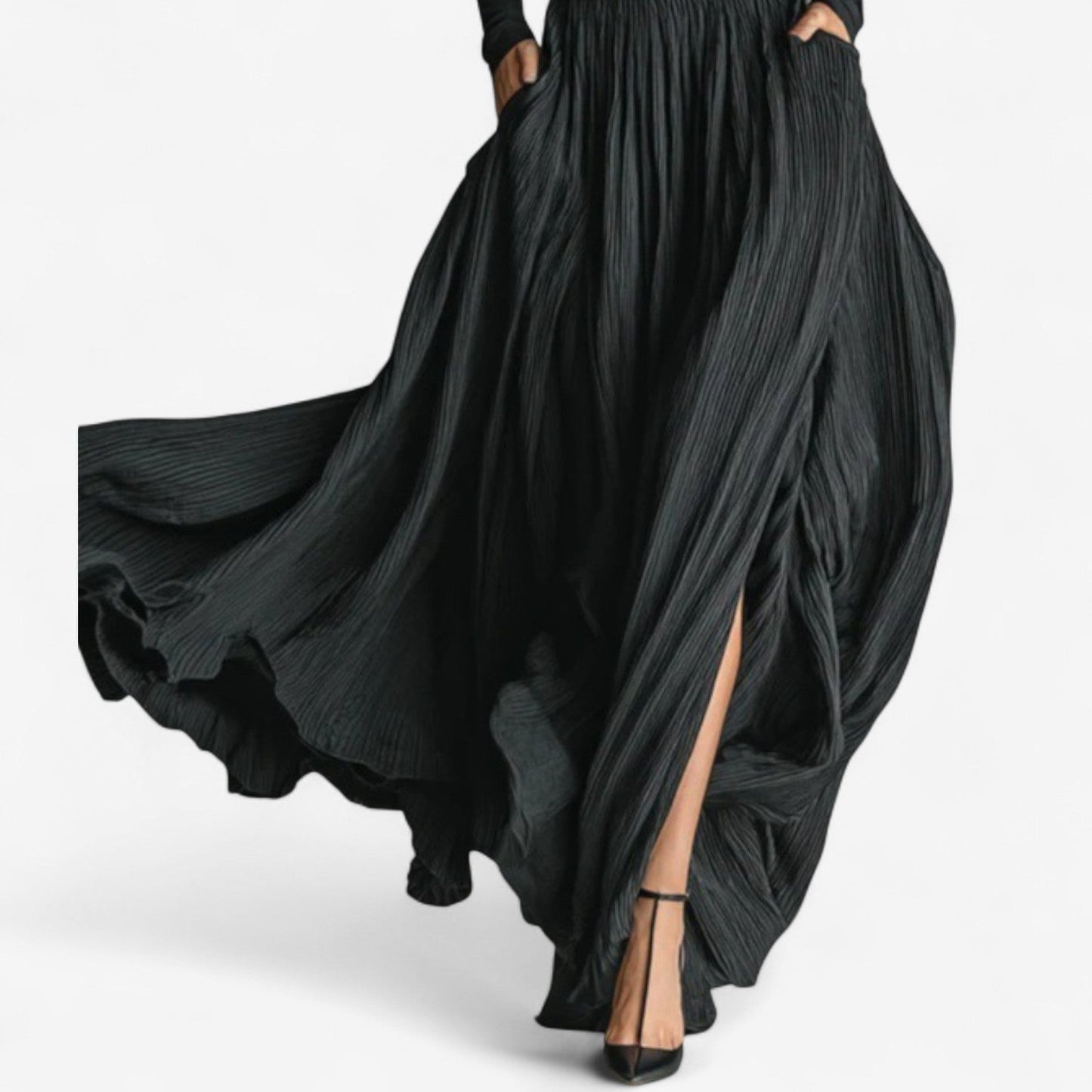 Vestido de Noche Aline Maxi cintura alta – vista lateral | Horizoncor