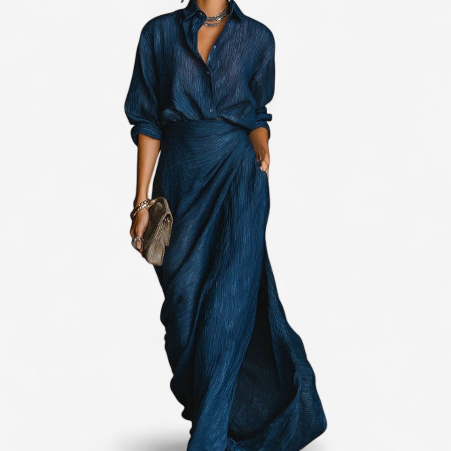 Modelo con vestido de noche Tina Maxi Océano | Horizoncor México