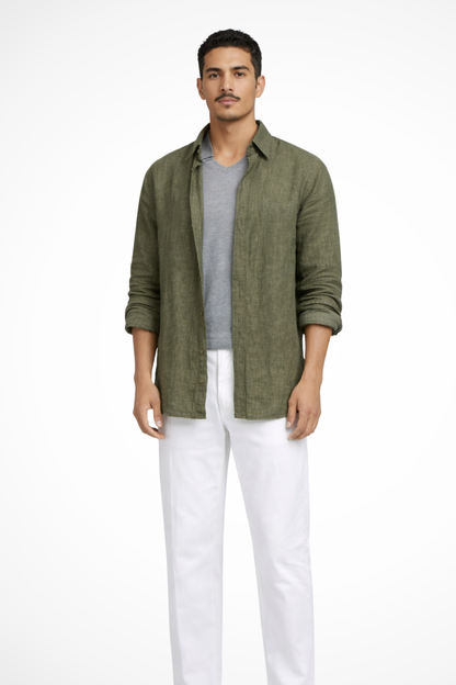 Roman – Camisa de Lino de Manga Larga Holgada para Hombre