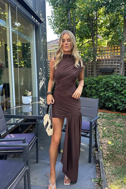 Vestido Mini Drapeado con Cuello Alto y Fruncido
