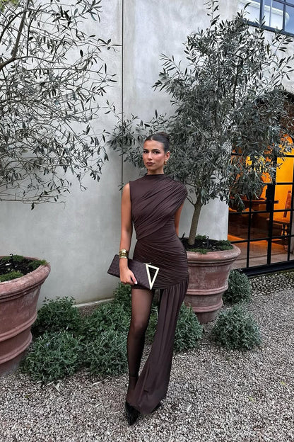 Vestido Mini Drapeado con Cuello Alto y Fruncido