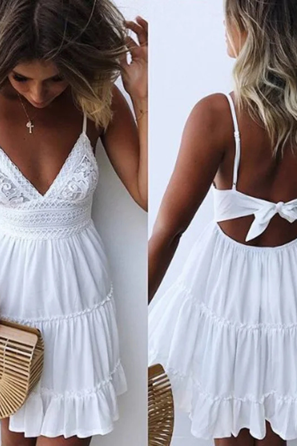 Freja – Vestido de Encaje Blanco con Tirantes y Espalda Abierta