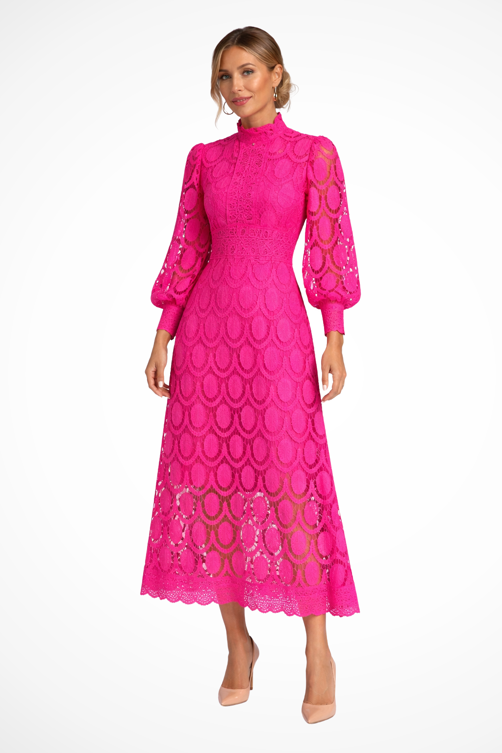 Mathilde – Vestido Midi de Encaje con Cuello Alto y Manga Larga para Boda