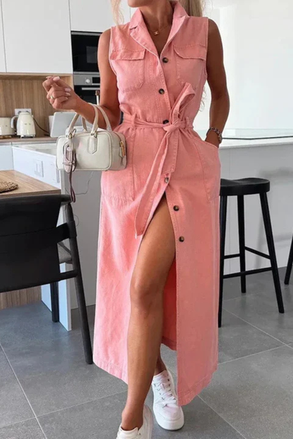 Lottie – Vestido Maxi de Denim sin Mangas con Cinturón y Abertura