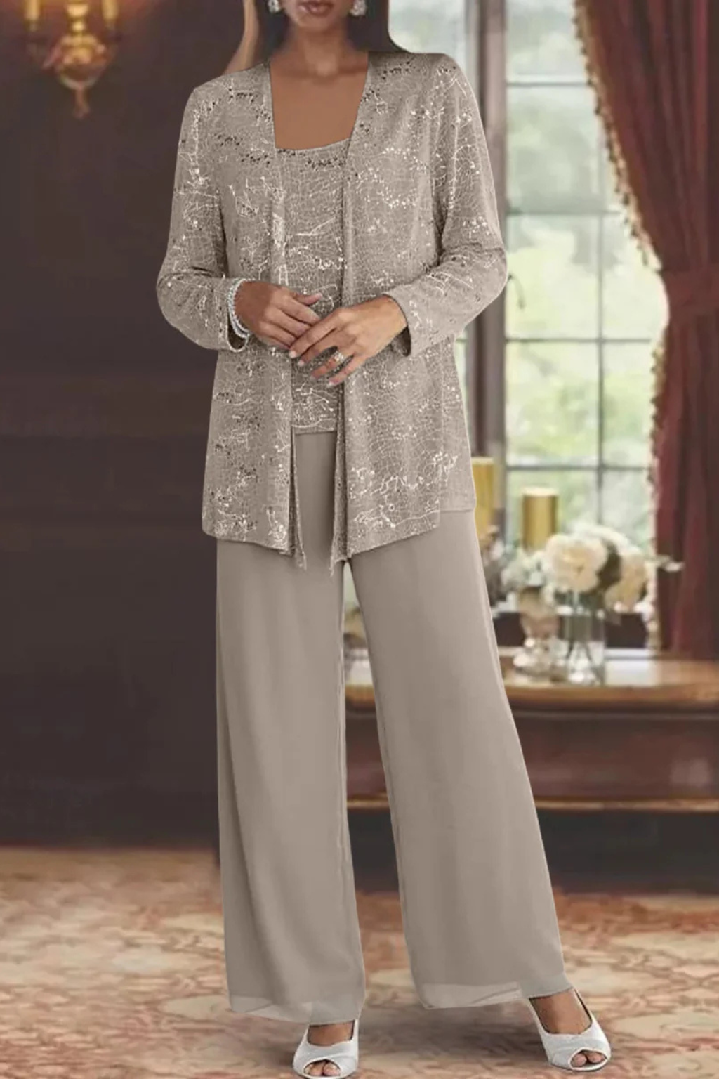 Miriam – Conjunto de Tres Piezas con Chaqueta de Lentejuelas y Pantalón Ancho