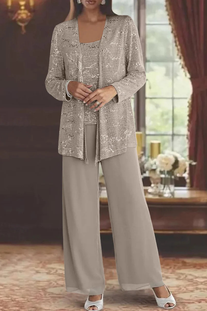 Miriam – Conjunto de Tres Piezas con Chaqueta de Lentejuelas y Pantalón Ancho