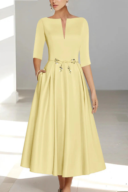 Cordelia – Vestido Midi Plisado Línea A con Cuello Barco para Boda