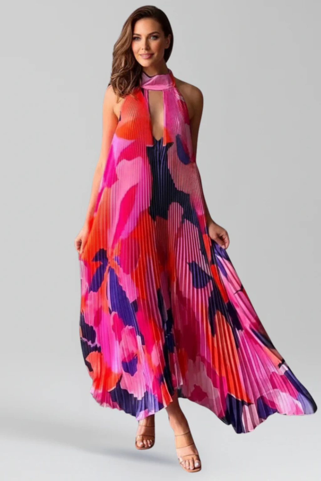 Cordelia – Vestido Maxi Halter Plisado Estampado para Boda