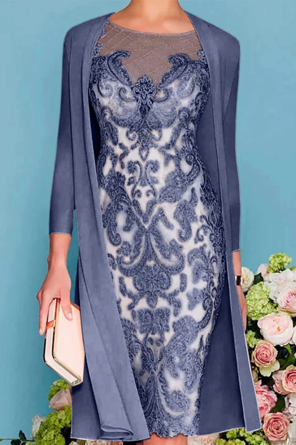Dorothea – Vestido Midi Bordado con Chaqueta de Chiffon para Boda
