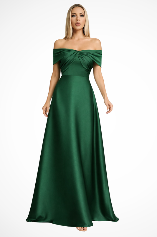 Cordelia – Vestido Maxi de Satén Plisado con Hombros Descubiertos
