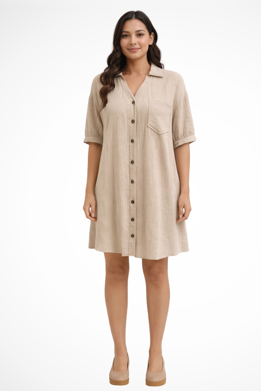 Rosalind – Vestido Camisero Midi de Manga Corta con Botones