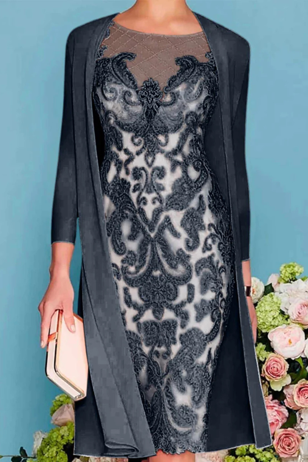 Dorothea – Vestido Midi Bordado con Chaqueta de Chiffon para Boda