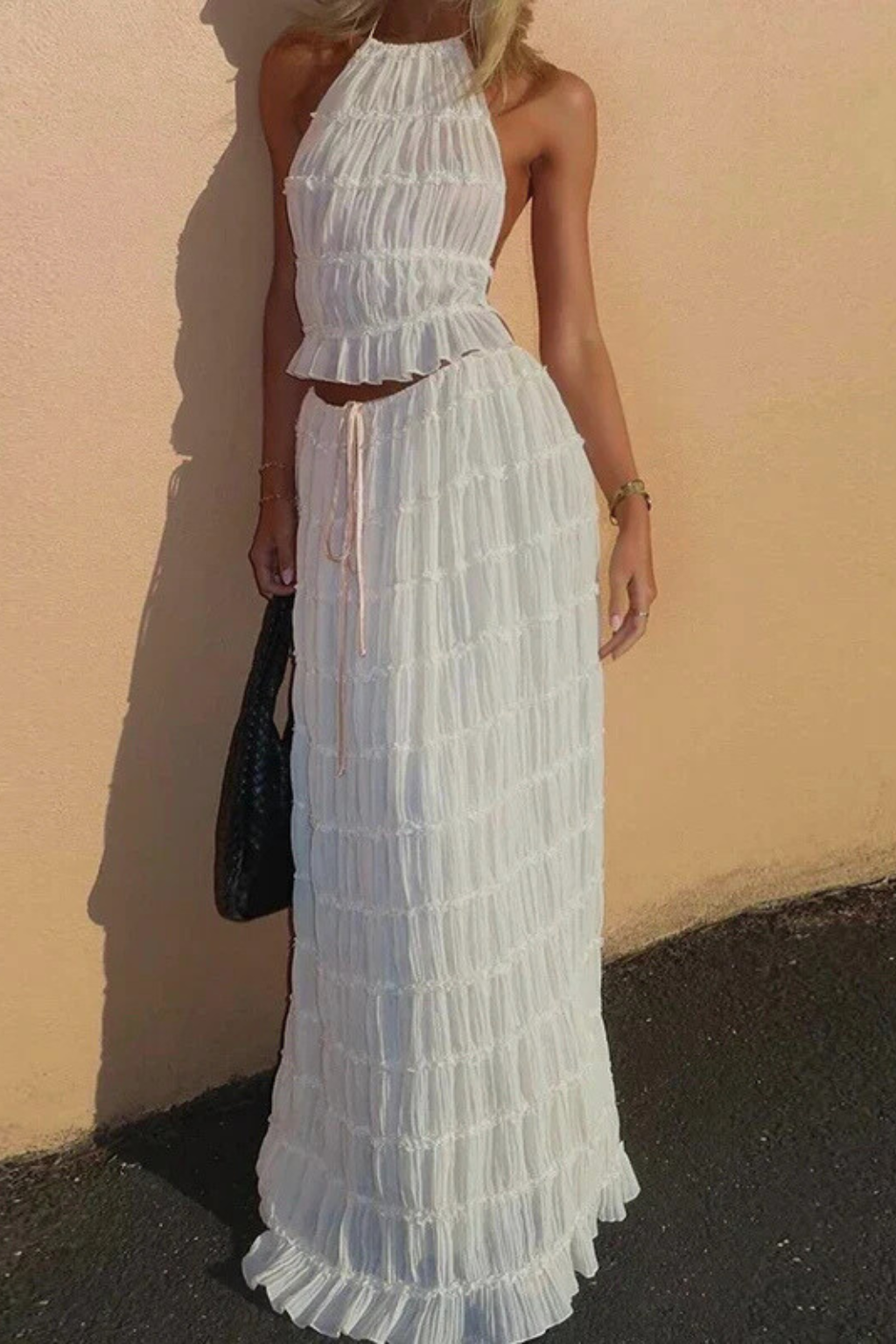 Cora – Conjunto de 2 Piezas: Top Halter Fruncido y Falda Maxi