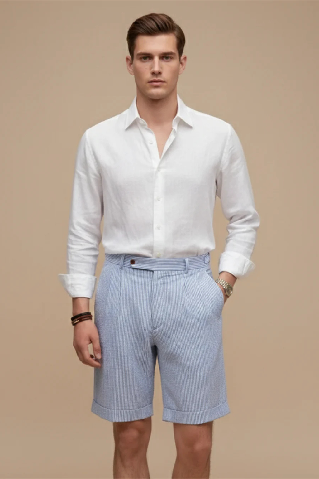 Scott – Shorts Chino de Rayas Seersucker con Pliegues para Hombre
