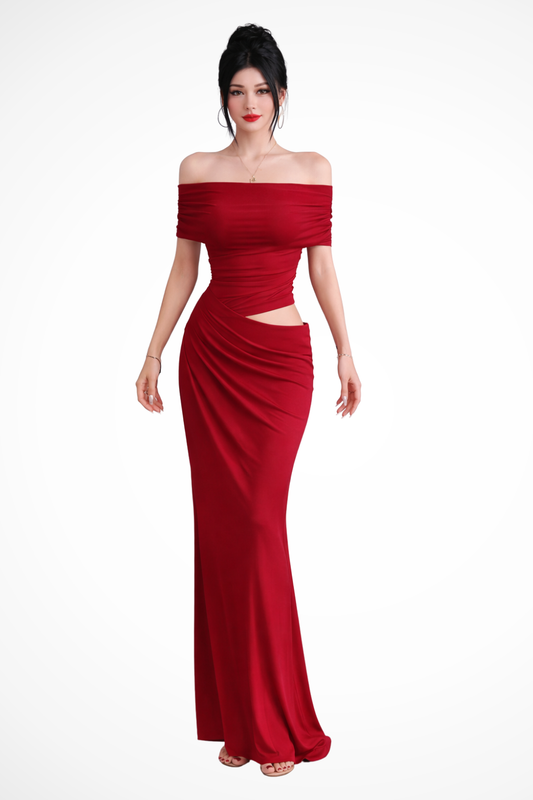Rhiannon – Vestido Maxi Hombros Descubiertos con Fruncido para Boda