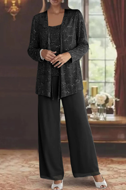 Miriam – Conjunto de Tres Piezas con Chaqueta de Lentejuelas y Pantalón Ancho