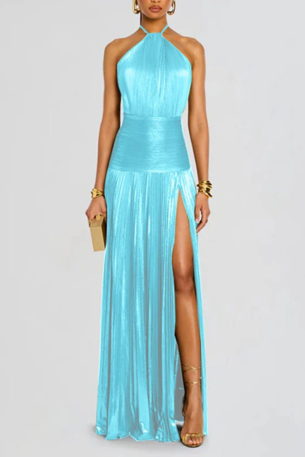 Saffron – Vestido Maxi Halter de Satén Plisado para Boda
