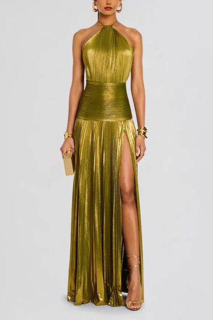 Saffron – Vestido Maxi Halter de Satén Plisado para Boda