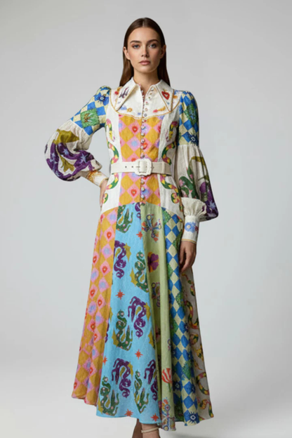 Thea – Vestido Maxi Estampado en Capas con Manga Larga
