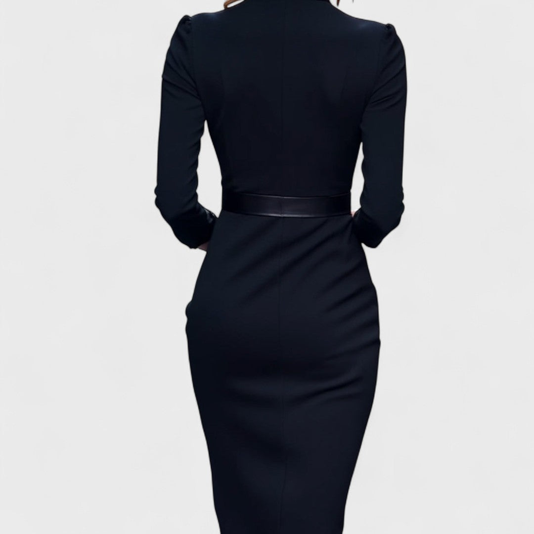Detalle vestido corto elegante Mandarin – vista frontal | Horizoncor
