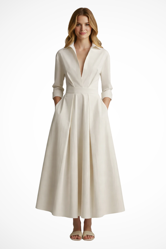Suzan – Vestido Midi con Cuello y Apertura de Botones