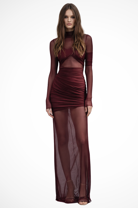 Auryn – Vestido Maxi Bodycon con Capa de Malla Transparente