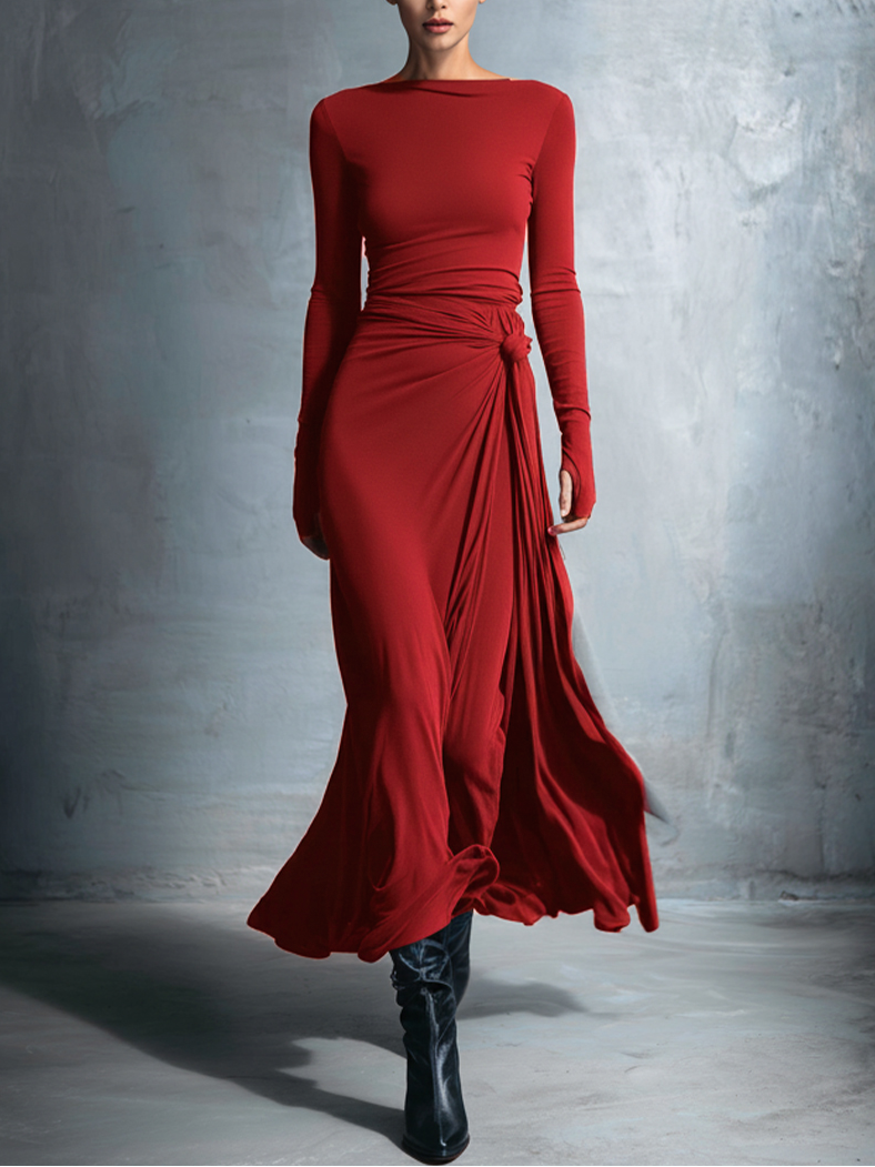 Detalle vestido largo elegante Naiara  Vestido maxi con nudo lateral – vista frontal | Horizoncor