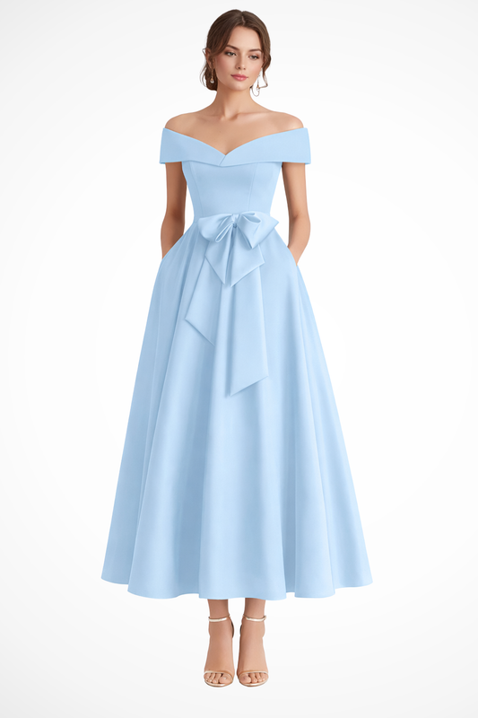 Arabella – Vestido Midi Línea A con Hombros Descubiertos y Lazo en la Cintura