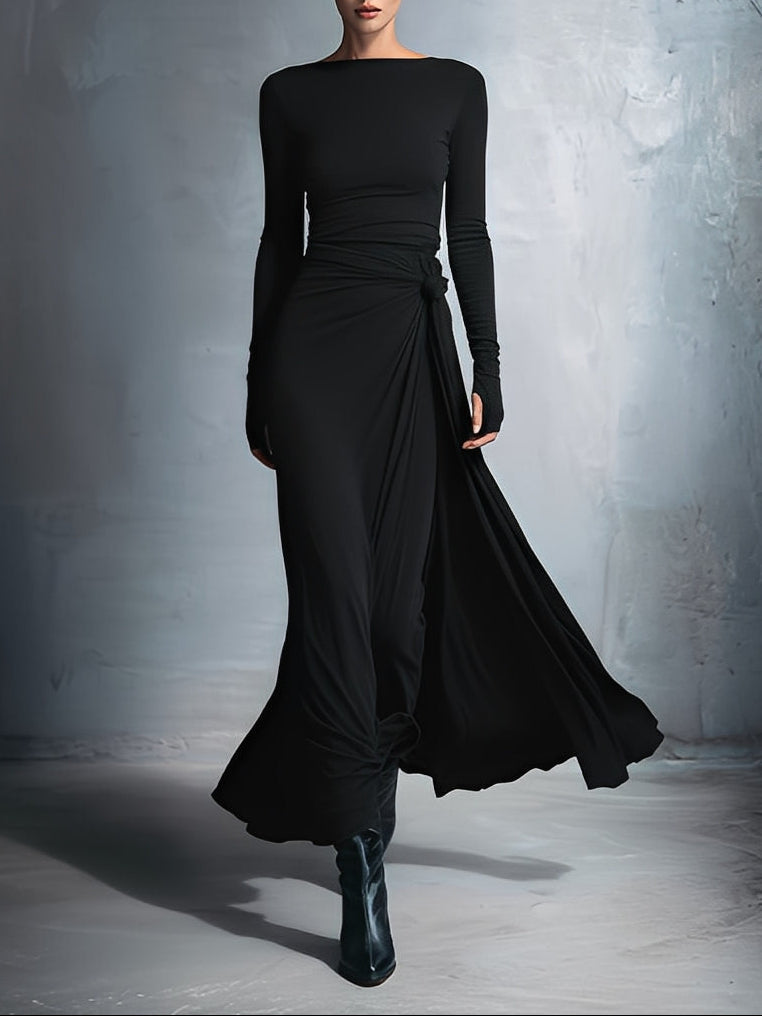 Modelo con vestido largo elegante Naiara  Vestido maxi con nudo lateral | Horizoncor México