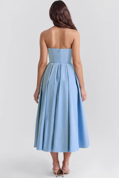 Everly – Vestido Midi sin Tirantes con Corsé y Falda Acampanada