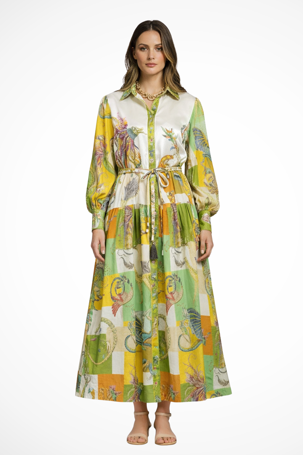 Thea – Vestido Maxi Estampado en Capas con Manga Larga