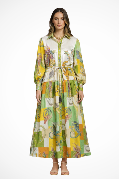 Thea – Vestido Maxi Estampado en Capas con Manga Larga