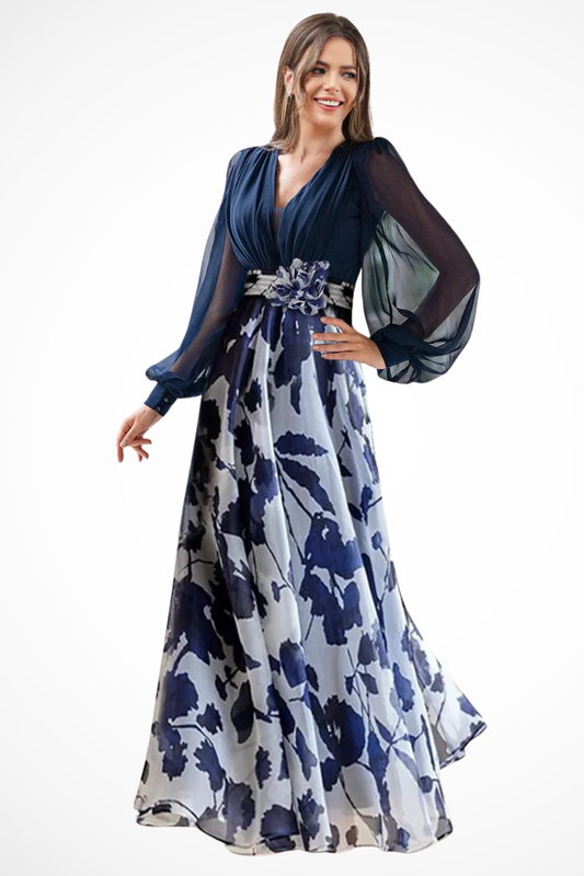 Valentina – Vestido Maxi Floral con Manga Globo y Escote en V para Boda