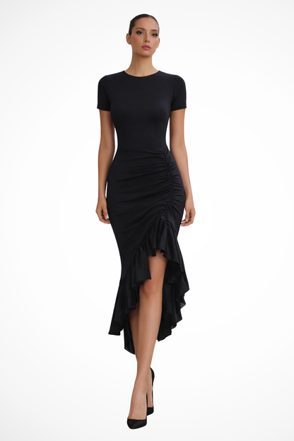Clarissa – Vestido Maxi con Fruncido y Volante Asimétrico para Boda