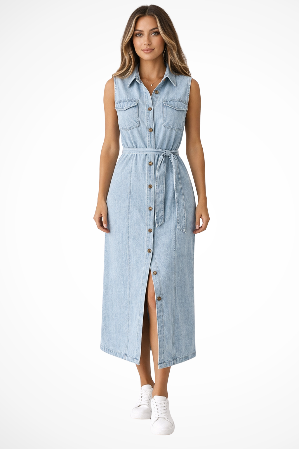 Lottie – Vestido Maxi de Denim sin Mangas con Cinturón y Abertura