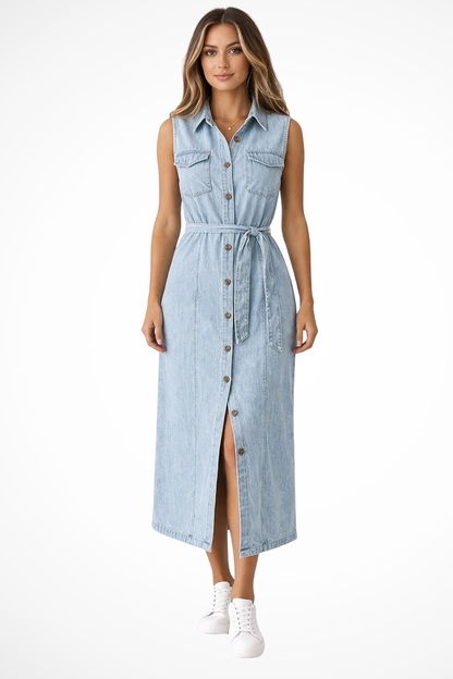 Lottie – Vestido Maxi de Denim sin Mangas con Cinturón y Abertura