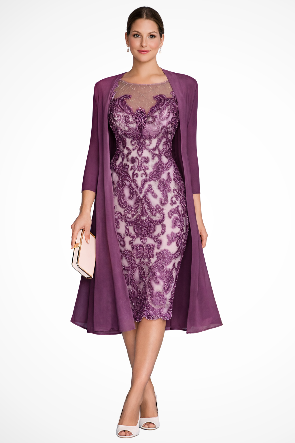 Dorothea – Vestido Midi Bordado con Chaqueta de Chiffon para Boda