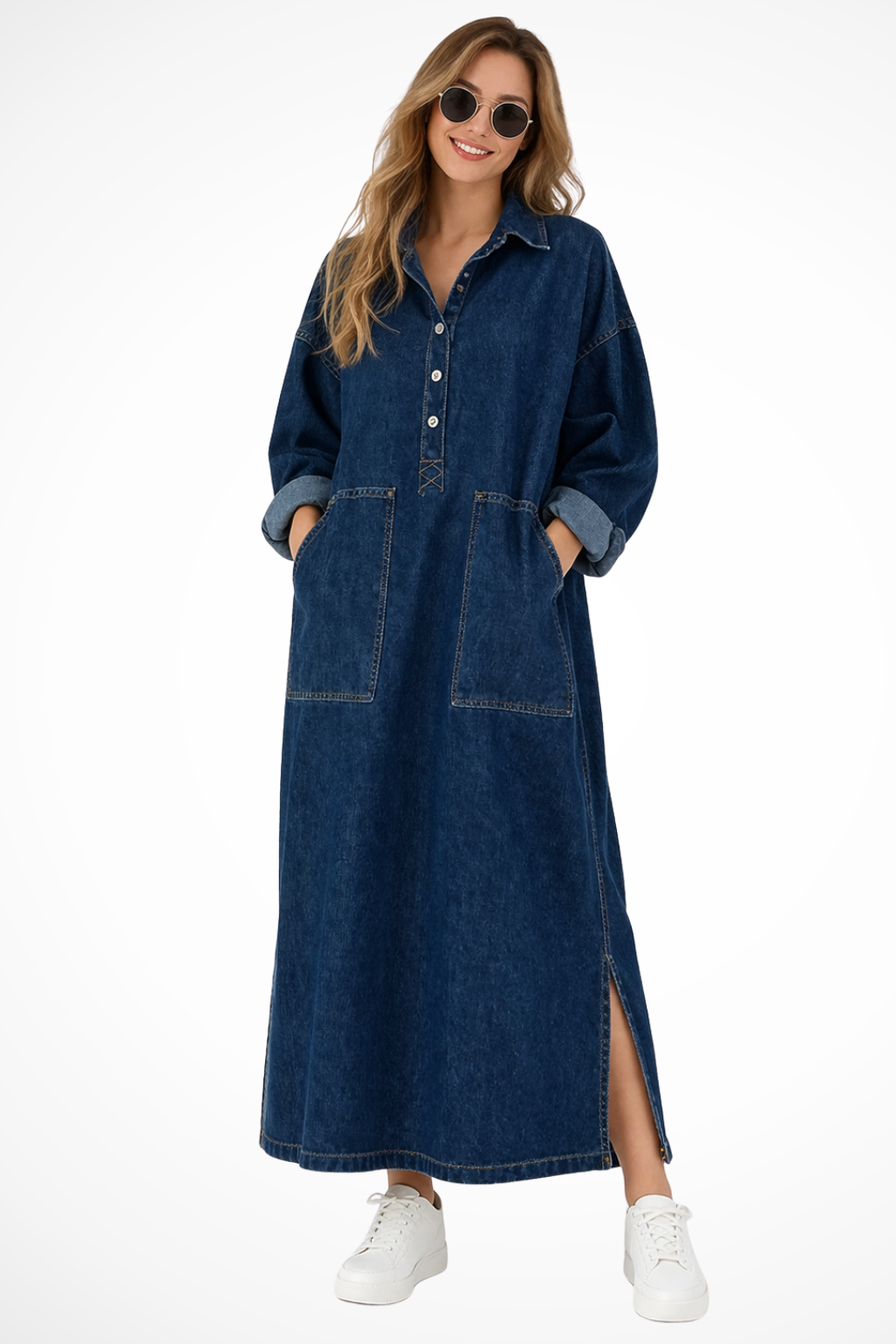 Margot – Vestido Maxi de Denim Oversize con Cuello y Bolsillos