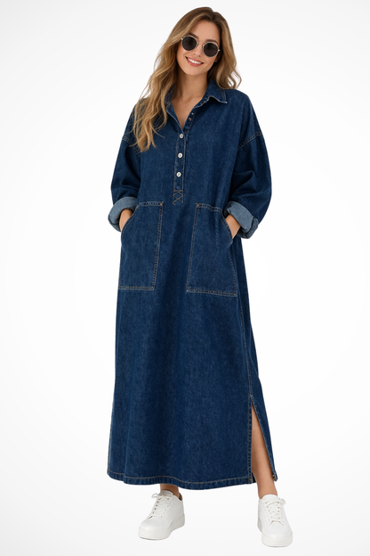Margot – Vestido Maxi de Denim Oversize con Cuello y Bolsillos