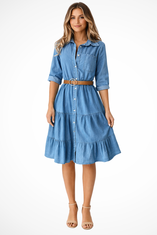 Robyn – Vestido Camisero Midi de Denim en Capas con Cinturón