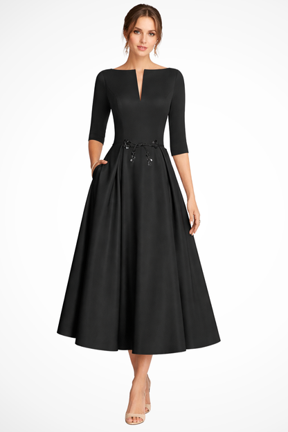 Cordelia – Vestido Midi Plisado Línea A con Cuello Barco para Boda