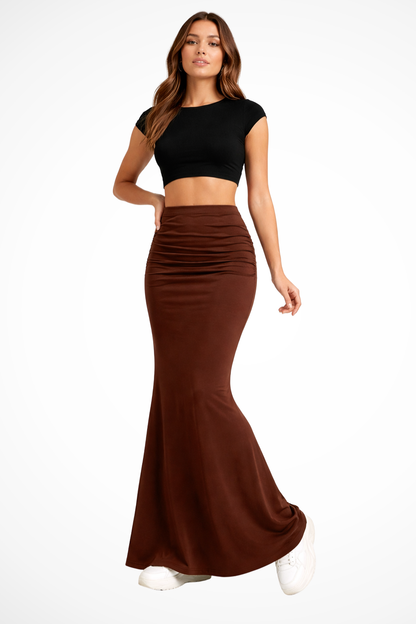 Nadine – Falda Maxi Sirena Fruncida y Ajustada de Tiro Alto