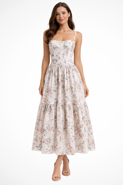 Sophia – Vestido Midi Floral en Capas para Boda de Verano