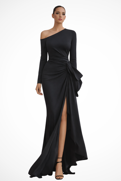 Ophelia – Vestido Maxi de Un Hombro con Manga Larga y Fruncido para Boda